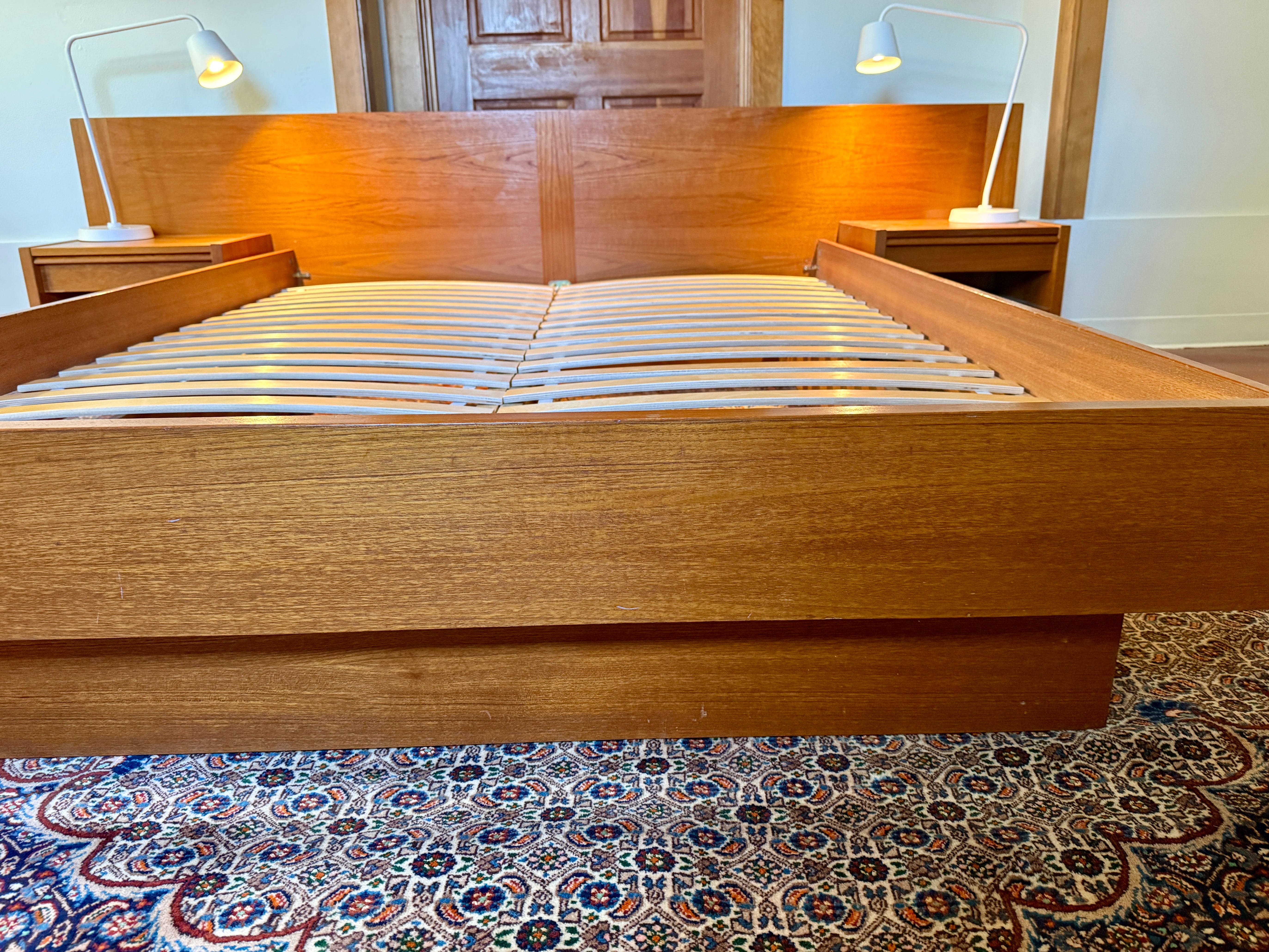 Teak Platform Bed with Floating Nightstands
