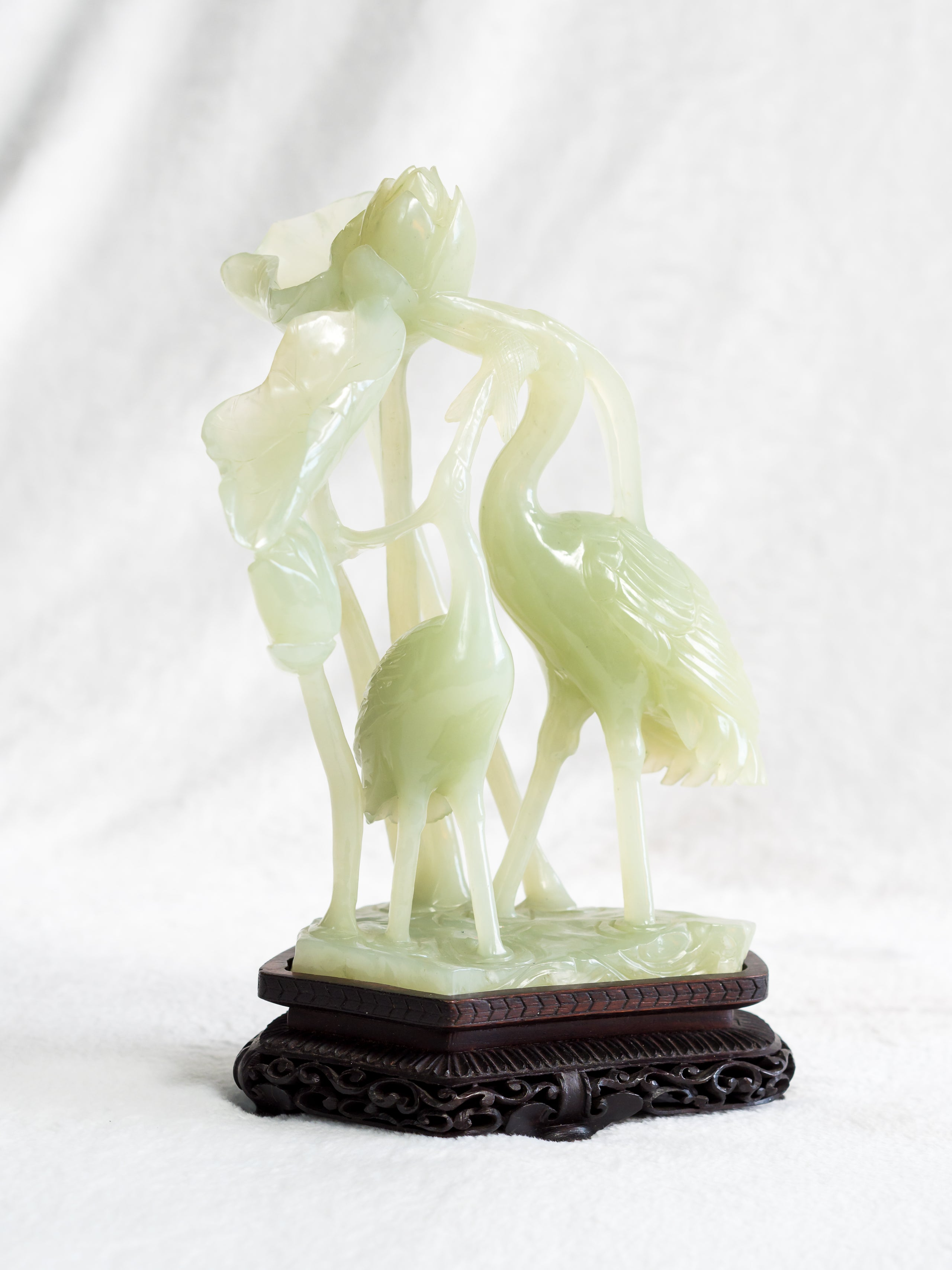 Chinese Serpentine Carving of Lotus and Cranes